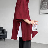 Threebooy Wine Red Side Buttons Pleated Shirt Black Apricot Harajuku Button Up Korean Short Sleeve Aesthetic Male Shirts Men Blouse